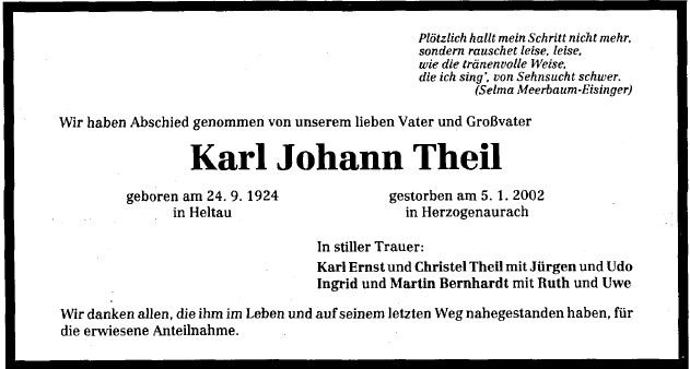 Theil Karl Johann 1924-2002 Todesanzeige